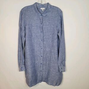 Garnet Hill 100% Linen Tunic Size M Blue Long Sleeve Button Up Beachy Lagenlook